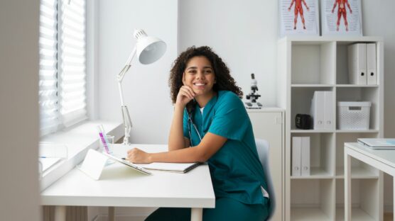 Online-Berufssprachkurs Deutsch für Gesundheitsfachberufe: Eine Pflegekraft in Arbeitskleidung sitzt vor dem Computer und ist startklar für den Kurs.